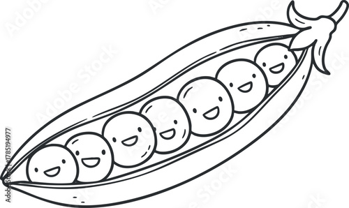 Cute outline vector illustration of a smiling pea pod with happy peas, ideal for food-related designs and playful branding.