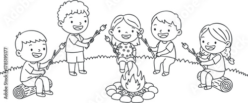 Line art vector illustration of children gathered around a campfire enjoying outdoor fun and friendship activities