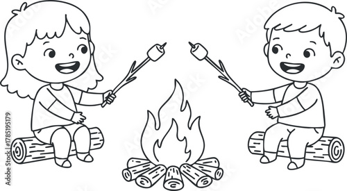 Black and white vector illustration of two children roasting marshmallows over a campfire, perfect for outdoor adventure themes