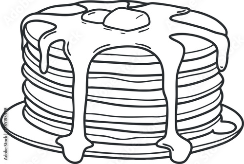 Outline vector illustration of a stack of pancakes with melted butter and syrup, ideal for food-related projects.