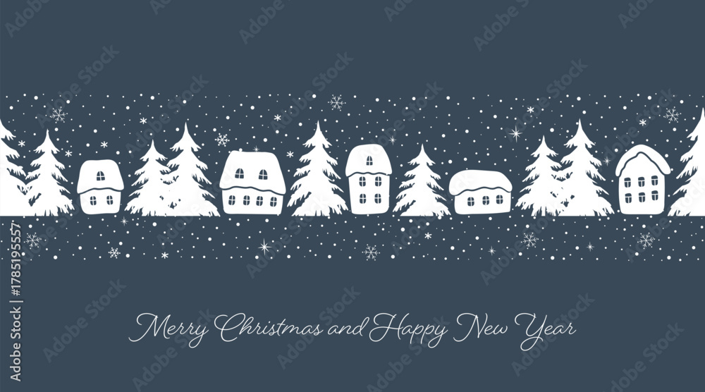 Obraz premium Christmas Seamless Border. Banner. Winter Village. White Silhouettes of Houses, Trees. Snow. Snowflakes. Greeting Card, Invitation Template. Paper Cut Stencil. Vector Image on Dark Blue Background.