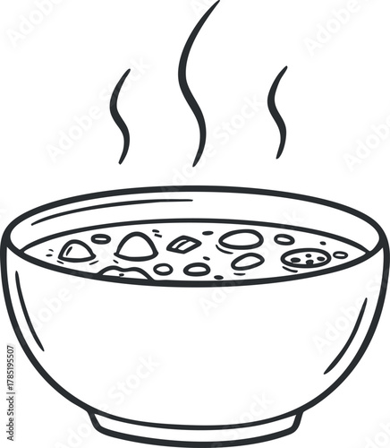 Outline vector illustration of a steaming bowl of soup, ideal for culinary and food-related designs