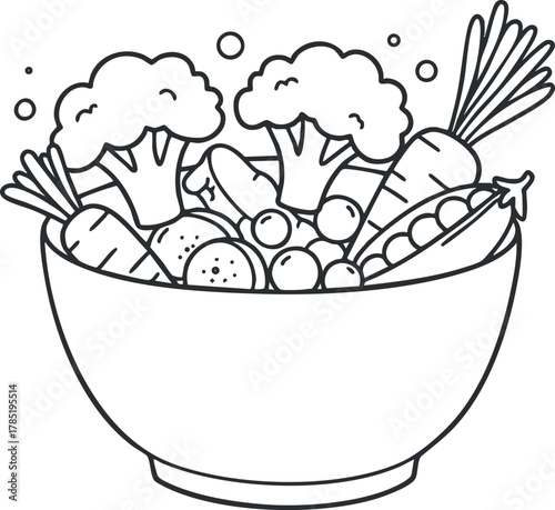 Hand-drawn vector illustration of a bowl filled with assorted fresh vegetables like broccoli, carrots, and peas for healthy meal ideas