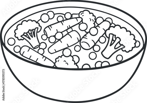 Outline vector illustration of a bowl filled with fresh vegetables including carrots and broccoli for healthy meal design