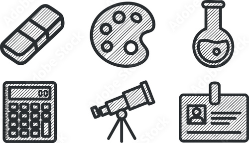 Outline vector icon set featuring educational tools like a calculator, palette, telescope, and test tube for school and study projects