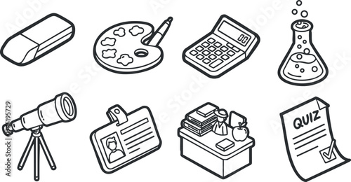Collection of vector icons representing educational tools including a telescope, calculator, art palette, and quiz sheet for academic themes