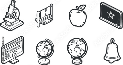 Set of minimalist line icons representing education and online learning concepts, including a microscope, globe, and apple.