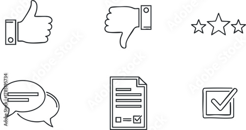 Minimalist outline icon set featuring thumbs up, thumbs down, star ratings, speech bubbles, document, and check mark for user feedback and evaluation.