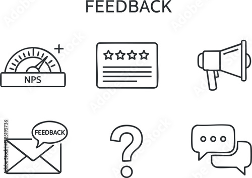 Set of minimalist line icons representing feedback concepts including NPS, survey, communication, and customer engagement.