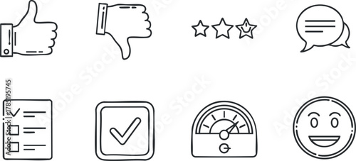Outline vector icon set featuring thumbs up and down, star ratings, checklist, gauge, and smiley face for user feedback and interaction