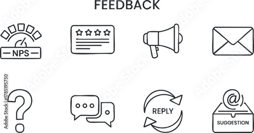 Modern outline vector icon set for feedback concepts including NPS, surveys, comments, and communication elements.