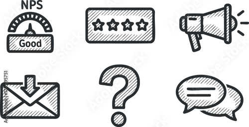 Hand-drawn vector icon set illustrating customer feedback concepts including NPS gauge, ratings, communication, and inquiry symbols.