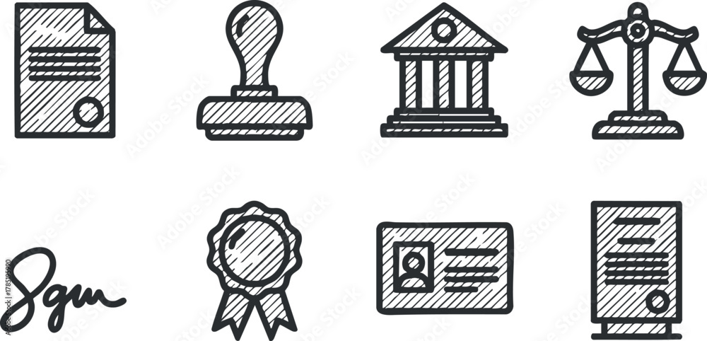 Naklejka premium Hand-drawn vector icon set featuring legal and administrative symbols such as documents, stamps, and scales for design projects
