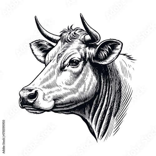 Cow Head Three-Quarter View — Vintage Etching Vector Illustration