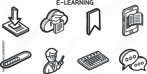 Vector icon set illustrating e-learning concepts, featuring symbols for online education, digital tools, and communication.