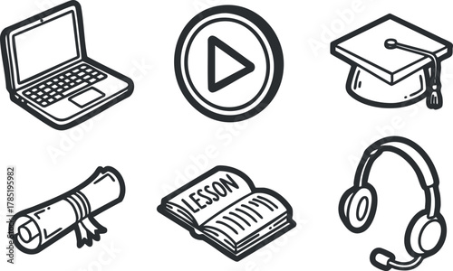 Flat outline vector icon set representing online education elements including laptop, play button, graduation cap, and headphones