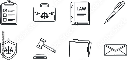 Outline vector icons representing legal concepts such as scales of justice, gavel, law book, and legal documents for professional use