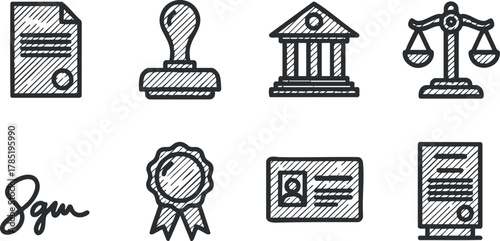 Hand-drawn vector icon set featuring legal and administrative symbols such as documents, stamps, and scales for design projects