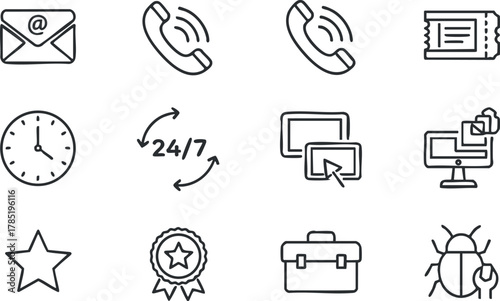 Line art vector icon set featuring communication, support, and office elements for digital design and branding projects