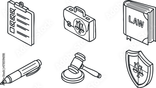 Outline vector illustration set of legal symbols including gavel, law book, clipboard, and shield for legal services and branding