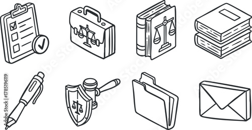 Outline vector icon set featuring legal symbols including scales, briefcase, clipboard, and documents for business and law applications