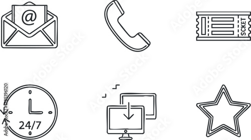 Outline vector icon set featuring communication symbols including email, phone, ticket, clock, and computer for digital services.