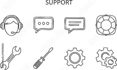Modern outline vector icons set for support services including communication tools, repair symbols, and assistance concepts