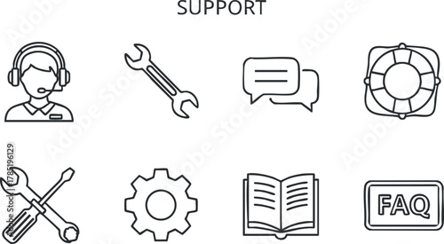 Outline vector icon set representing support services, including customer assistance, tools, communication, and FAQs for user guidance.