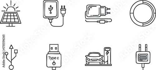 Modern outline vector icon set depicting solar energy, charging devices, USB connectors, and electric vehicle infrastructure