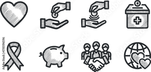 Hand-drawn vector icons set representing health, charity, and community support concepts for design and branding projects