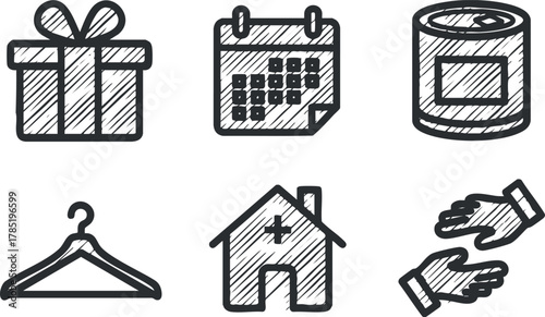 Outline vector icon set featuring a gift box, calendar, food can, hanger, house, and helping hands for various design uses.