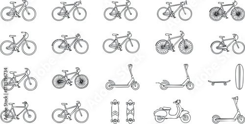 Collection of line art vector illustrations featuring various bicycles, scooters, skateboards, and mopeds for transportation design projects