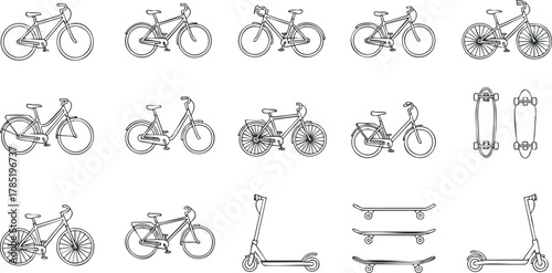 Outline vector illustration set of bicycles, scooters, and skateboards for transportation and leisure concepts