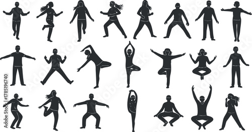 Dynamic silhouette vector illustration set of people in various dance poses and movements for fitness and lifestyle design projects