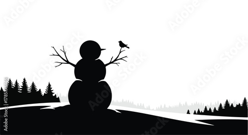 Solitary snowman with a bird perched on its arm stands in a minimalist winter landscape.