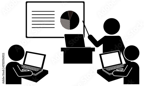 教師がICT教育で生徒にデジタル授業を行うピクトグラム（GIGAスクール構想）