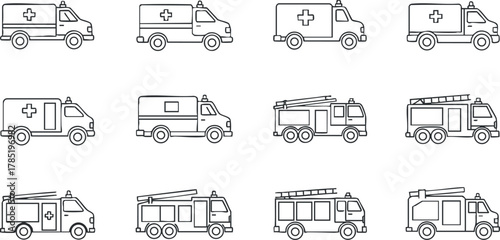 Outline vector icon collection of emergency vehicles including ambulances and fire trucks for healthcare and public safety design.