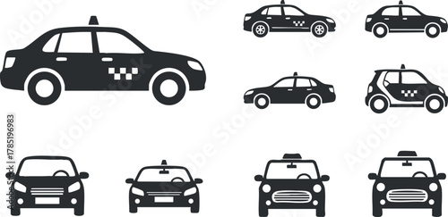 Flat black and white vector illustration of various taxi car icons, perfect for transportation and urban design projects.