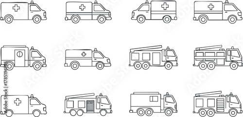 Outline vector illustration of emergency vehicles including ambulances and fire trucks for health and rescue services