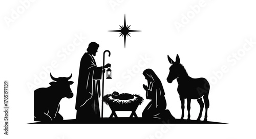 Peaceful nativity scene silhouette with Mary, Joseph, baby Jesus, and animals under a star