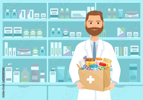 Male pharmacist in white coat holding medicines in paper bag at drugstore. Vector cartoon flat illustration. Pharmacy concept