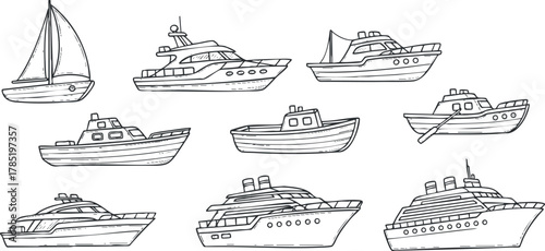 Hand-drawn vector illustration of various boats and yachts in a nautical style, perfect for marine-themed design projects