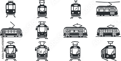 Stylized vector icon set featuring various tram and train designs in modern black and white style for urban transport themes