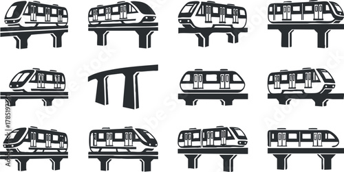 Vector illustration set of modern metro trains and elevated tracks for urban transportation and design projects