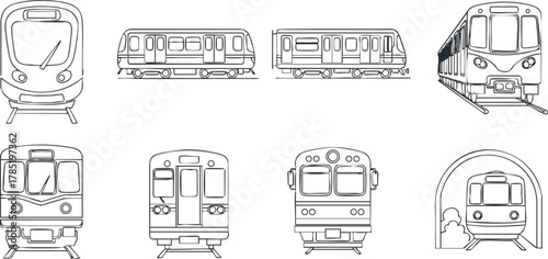 Outline vector illustration of various train models including subway cars and commuter trains for transportation design projects