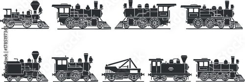 Vintage black and white vector illustration collection of steam locomotives and railway engines for design projects