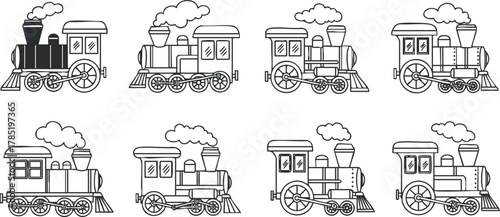 Collection of playful black and white vector illustrations of various train designs ideal for children’s projects and branding.
