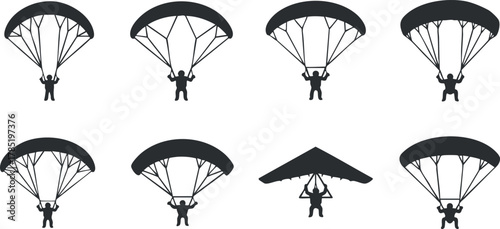 Silhouette vector icon set showing parachutists in various poses for adventure, sports, and design projects