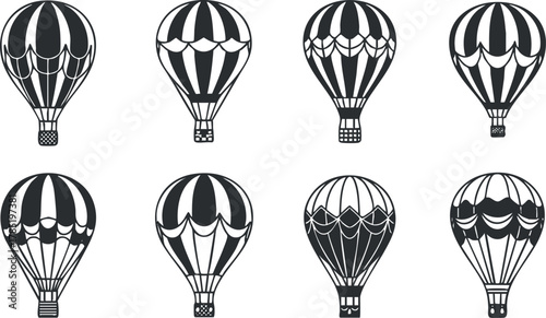 Collection of minimalist black and white vector illustrations of hot air balloons for travel and adventure themes