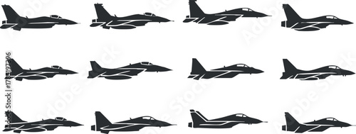 Collection of minimalist silhouette vector illustrations featuring various fighter jets for aviation and military design projects